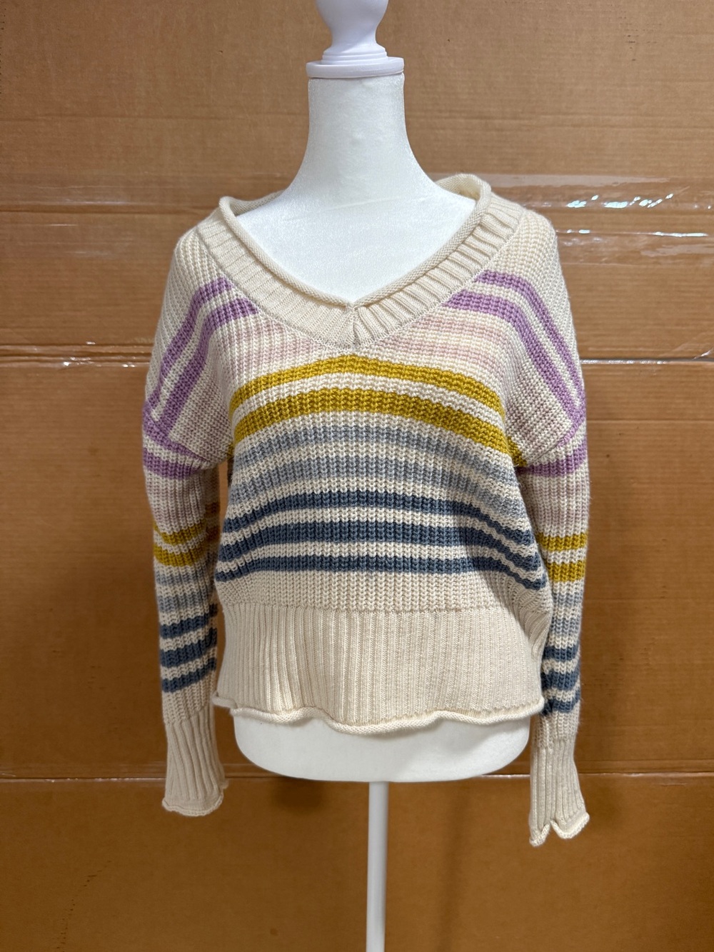 Hippie Rose Cream V-Neck Sweater with Purple, Mustard & Blue Stripes